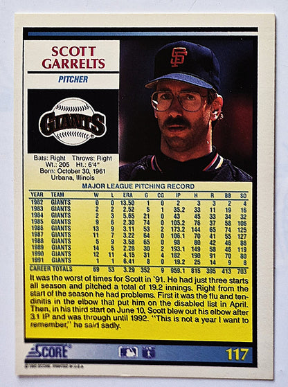 Garrelts Scott San Francisco Giants Pitcher #117 Score 1992 Baseball Card