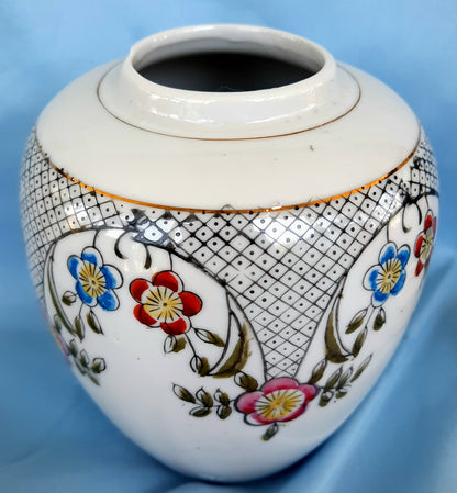 Collectible Lidded Ginger Jar Decor White with Red, Pink, Blue Floral pattern; Black Check patter - In very good condition