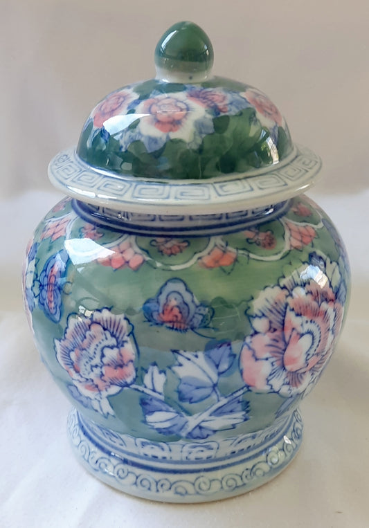 Collectible Lidded Ginger Jar Decor Green with Pink and Blue Floral pattern - In very good condition