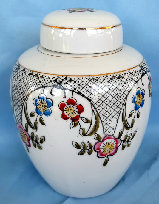Collectible Lidded Ginger Jar Decor White with Red, Pink, Blue Floral pattern; Black Check patter - In very good condition