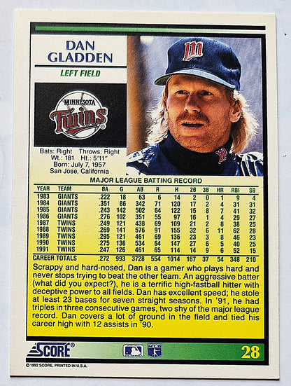 Gladden Dan Minnesota Twins Left Field #28 Score 1992 Baseball Card