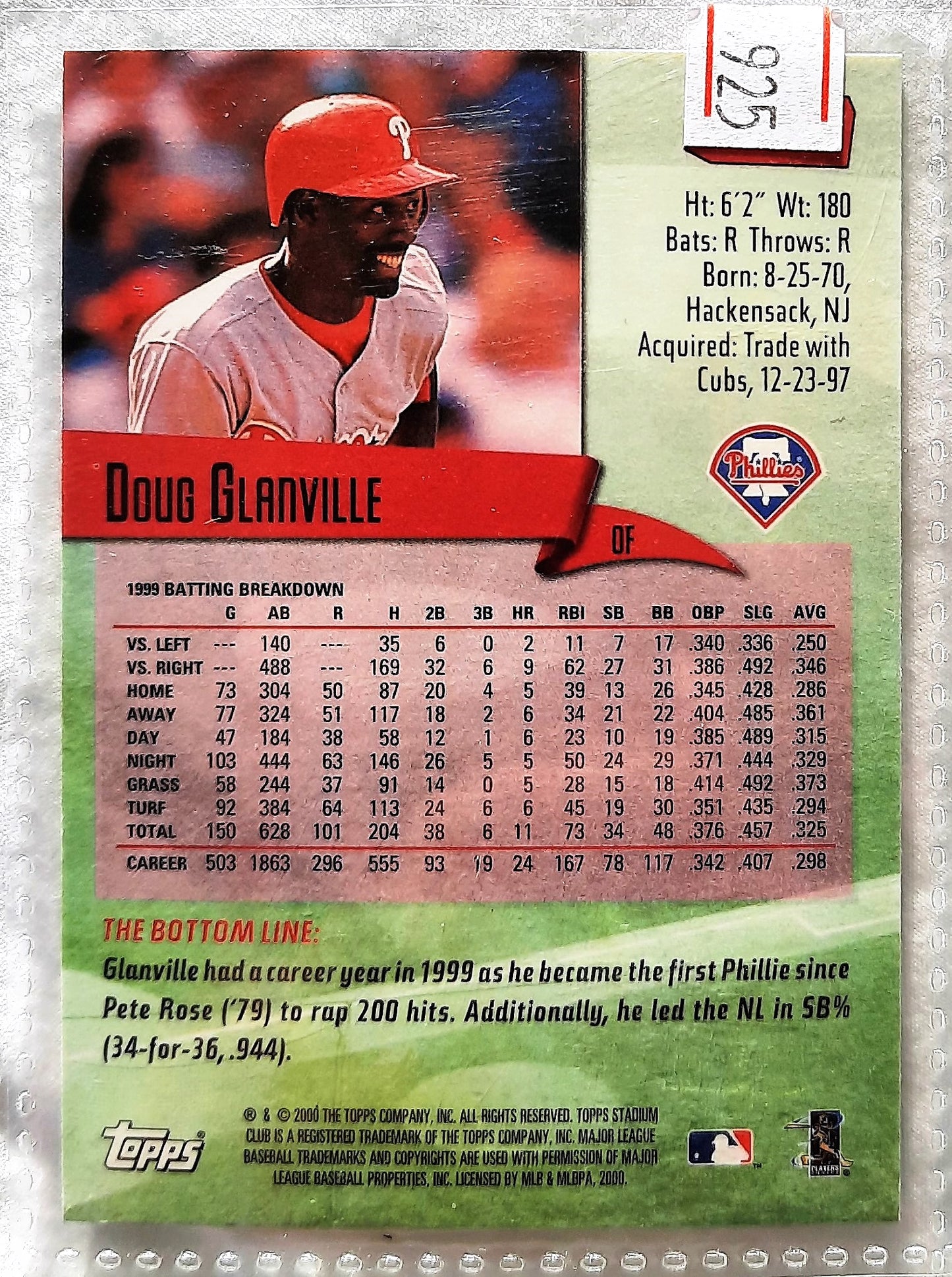 2000 Stadium Club Doug Glanville Philadelphia Phillies #44 Baseball Card TOPPS