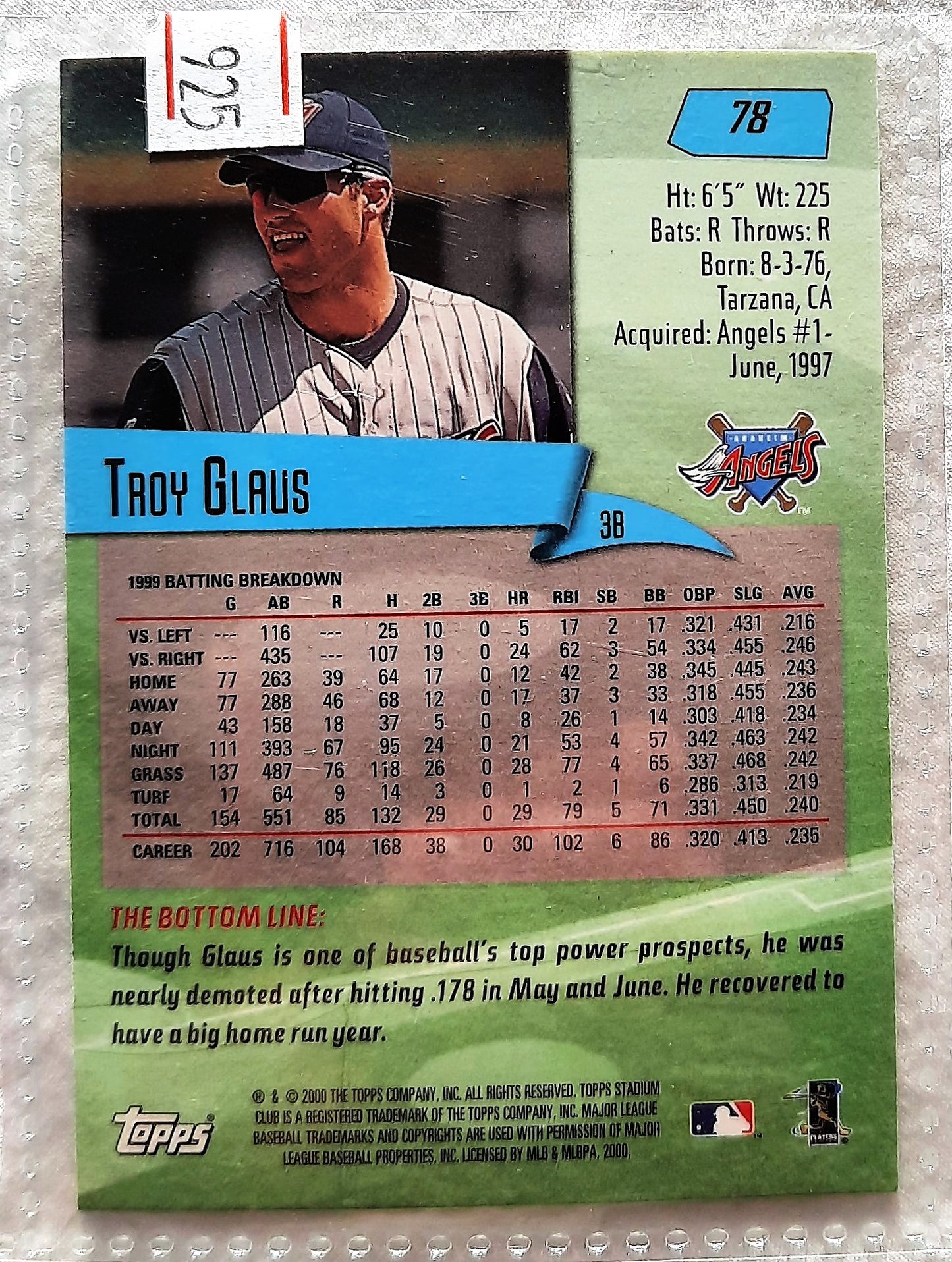 2000 Stadium Club Troy Glaus Los Angeles Angels #78 Baseball Card TOPPS