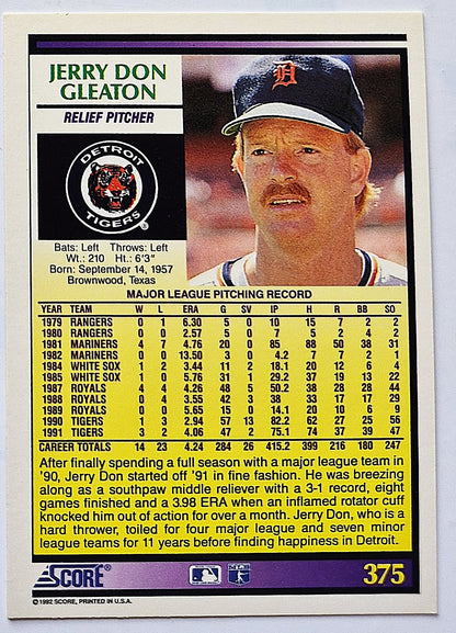 Gleaton Jerry Don Detroit Tigers Relief Pitcher #375 Score 1992 Baseball Card