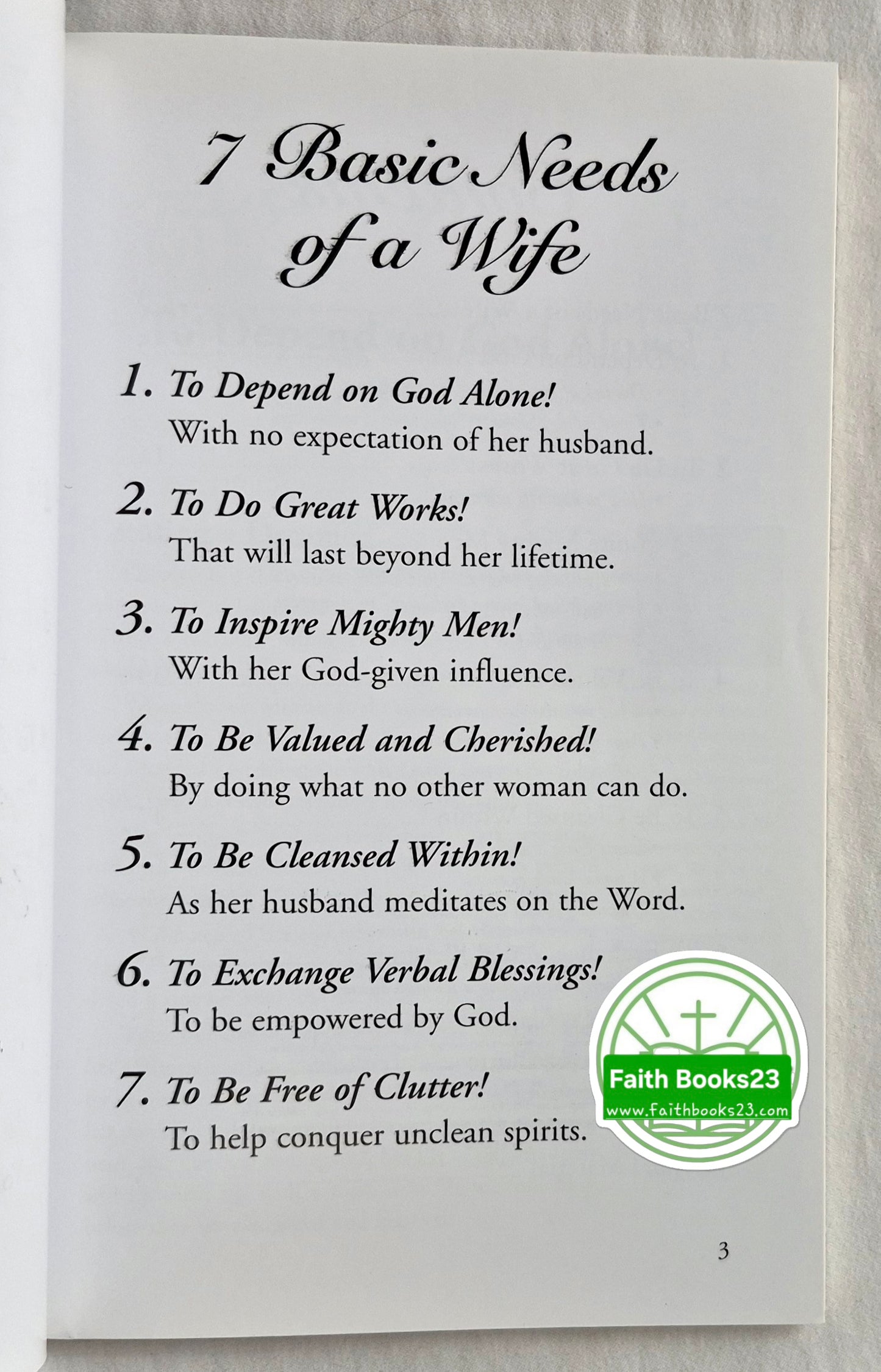 7 Basic Needs of a Wife von Bill Gothard (Sehr gut, 2010, Pbk, 80 Seiten, Institute in Basic Life Principles, Vom Autor signiert)