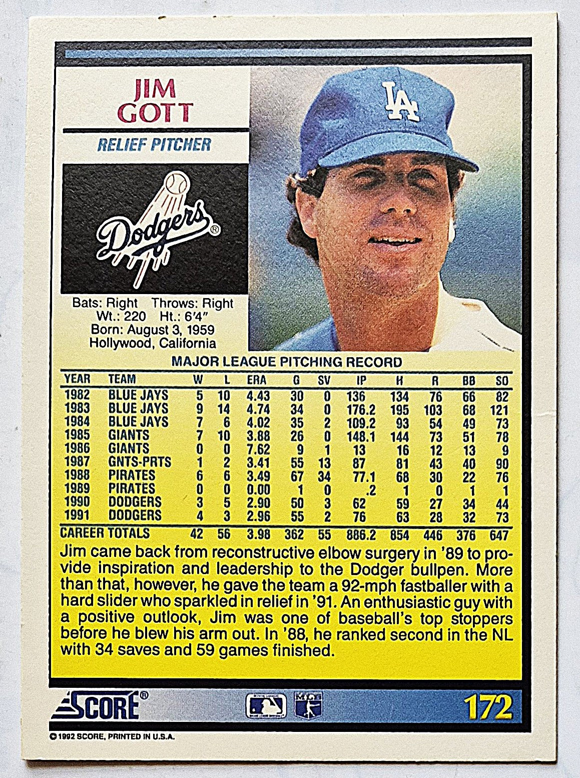 Scott Bailes California Angels Relief Pitcher 1992 Score #331 Baseballkarte (Exzellent)