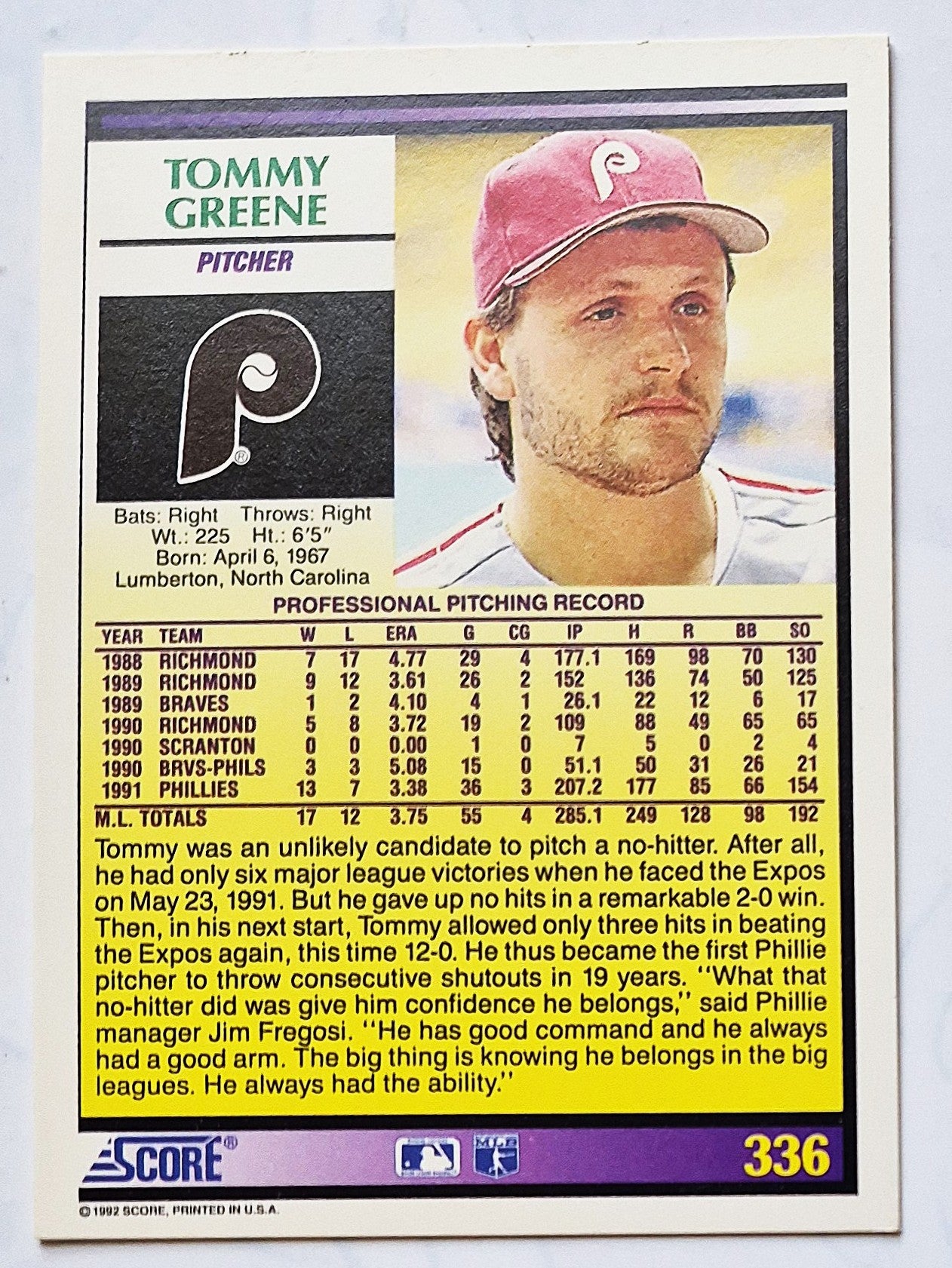 Greene Tommy Philadelphia Phillies Pitcher #336 Score 1992 Baseball Card