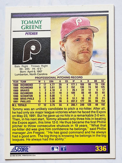 Greene Tommy Philadelphia Phillies Pitcher #336 Score 1992 Baseball Card