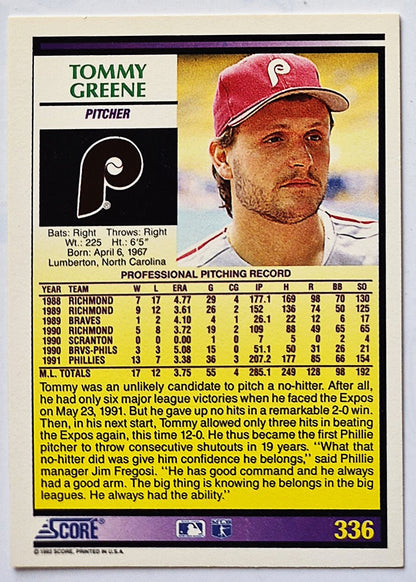 Greene Tommy Philadelphia Phillies Pitcher #336 Score 1992 Baseball Card