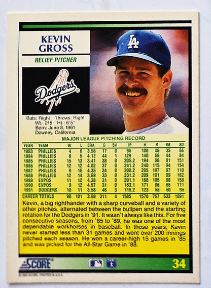 Gross Kevin Los Angeles Dodgers Relief Pitcher #34 Score 1992 Baseball Card