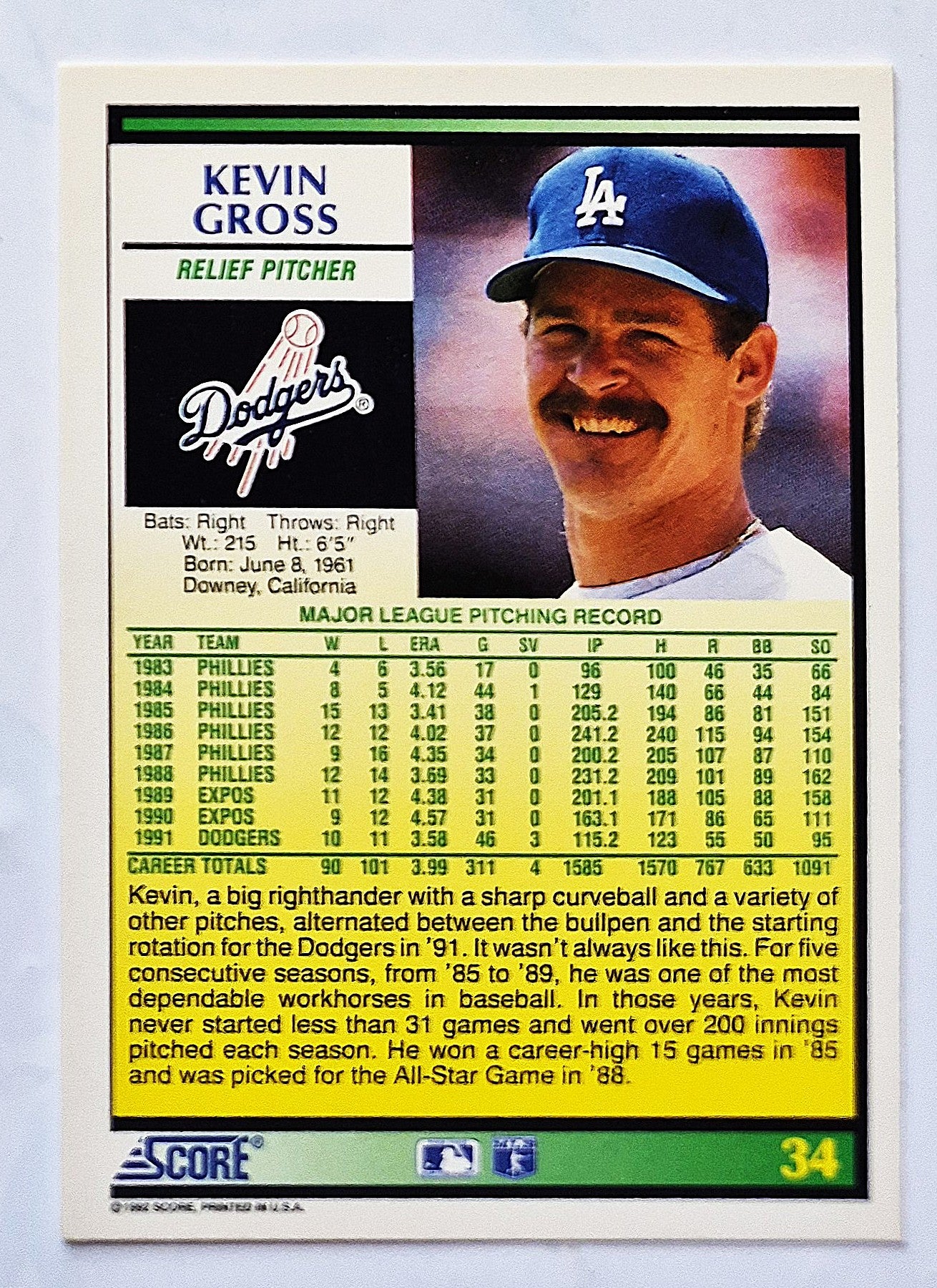 Gross Kevin Los Angeles Dodgers Relief Pitcher #34 Score 1992 Baseball Card