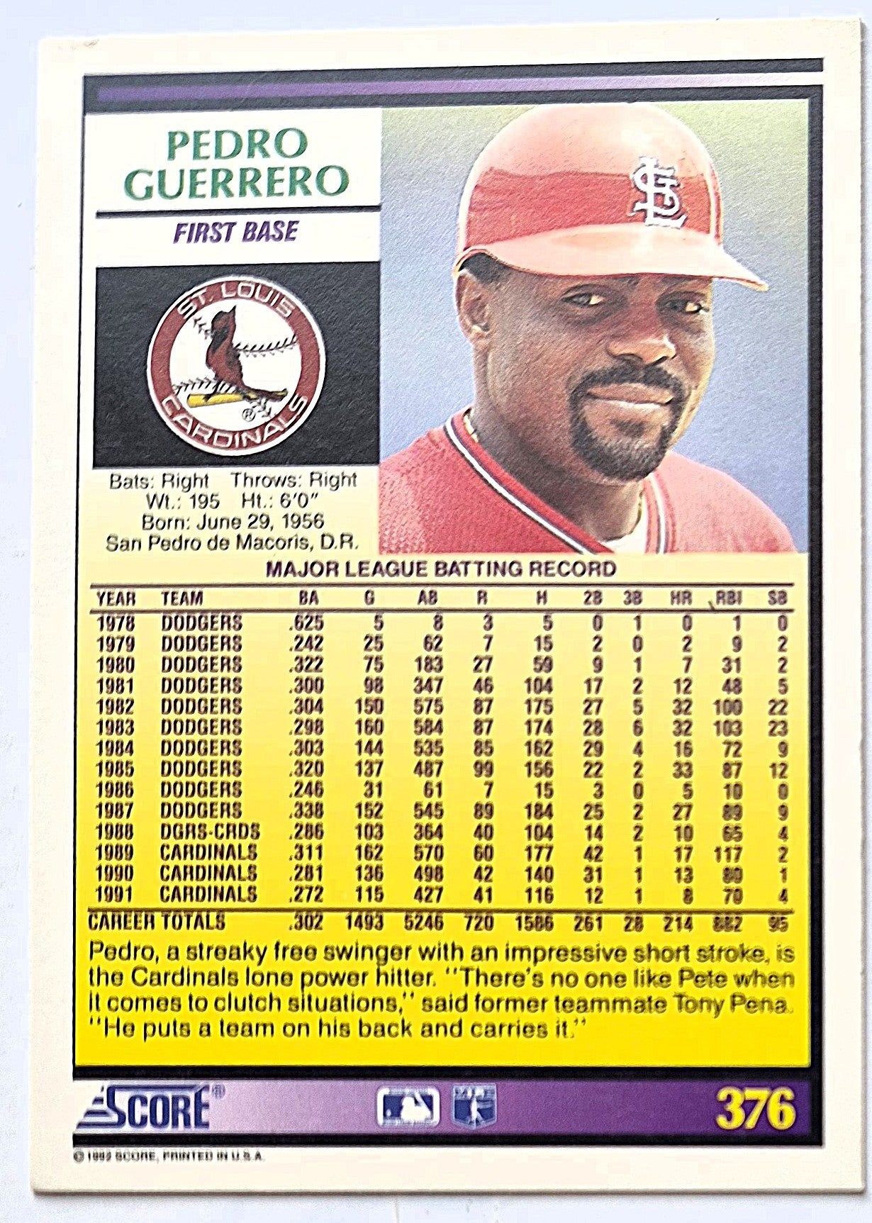 Guerrero Pedro St. Louis Cardinals First Base #376 Score 1992 Baseball Card