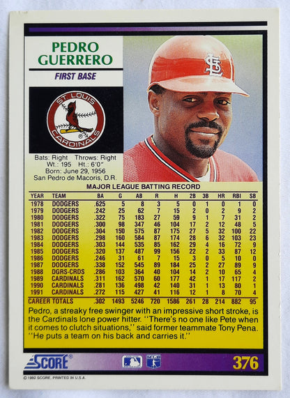 Score '92 Pedro Guerrero St. Louis Cardinals First Base #376 Baseball Card Near Mint