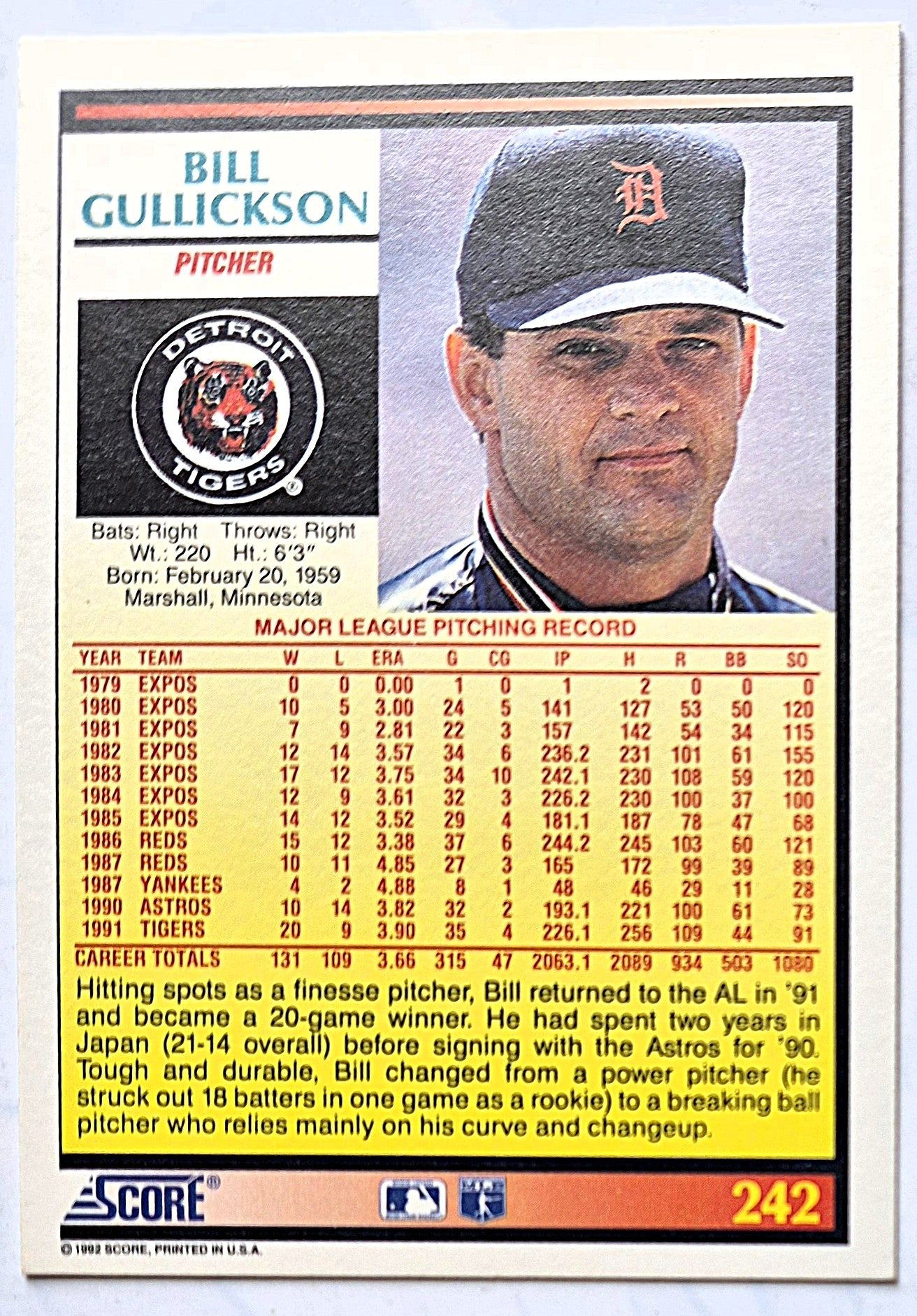 Gullickson Bill Detroit Tigers Pitcher #242 Score 1992 Baseball Card