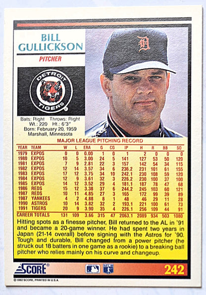 Gullickson Bill Detroit Tigers Pitcher #242 Score 1992 Baseball Card