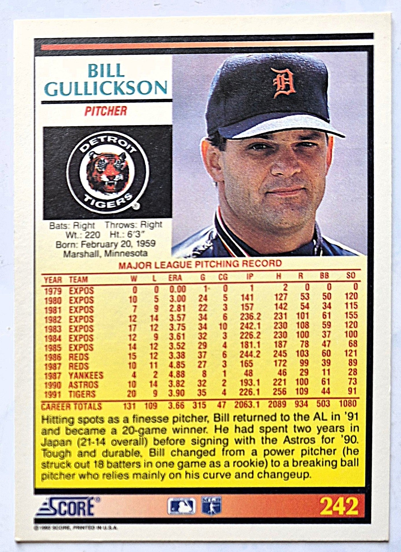 Gullickson Bill Detroit Tigers Pitcher #242 Score 1992 Baseball Card