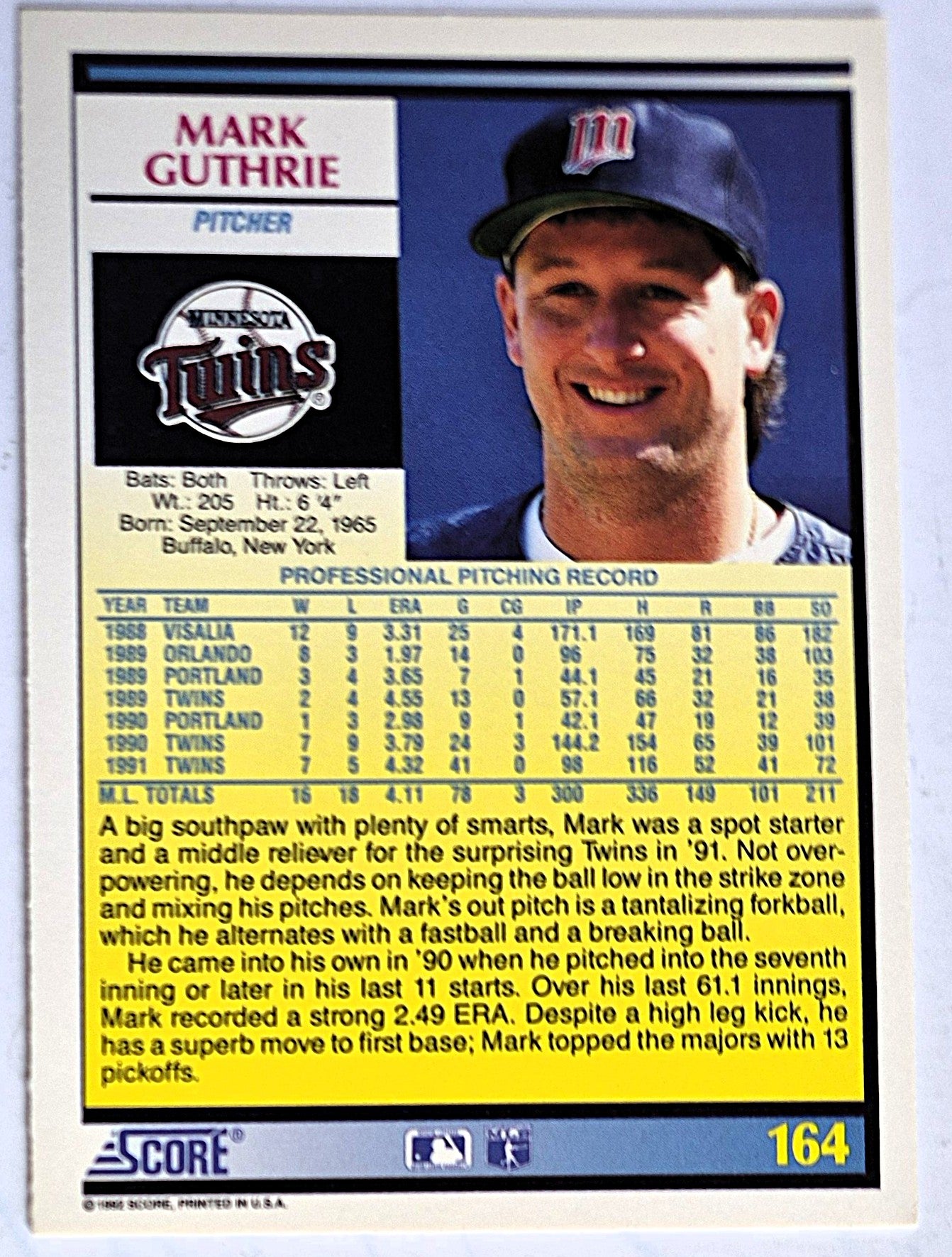 Guthrie Mark Minnesota Twins Pitcher #164 Score 1992 Baseball Card