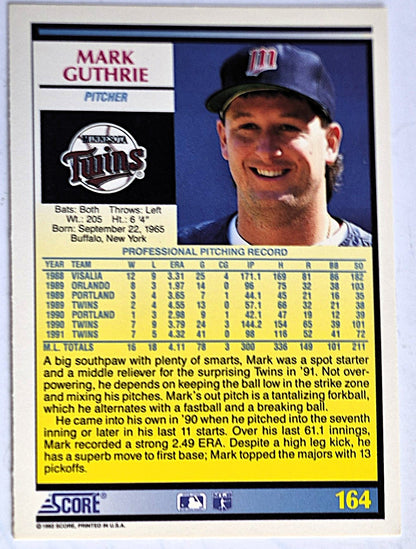 Guthrie Mark Minnesota Twins Pitcher #164 Score 1992 Baseball Card