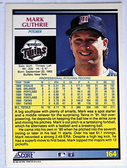 Guthrie Mark Minnesota Twins Pitcher #164 Score 1992 Baseball Card