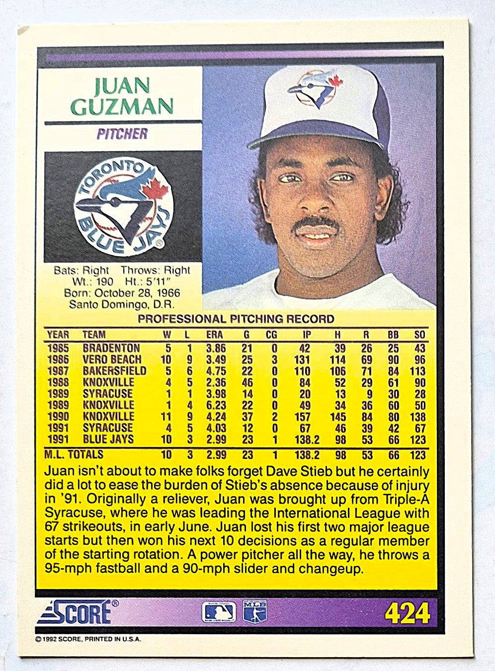 Guzman Juan Toronto Blue Jays Pitcher #424 Rookie Prospect Score '92 Baseball Card
