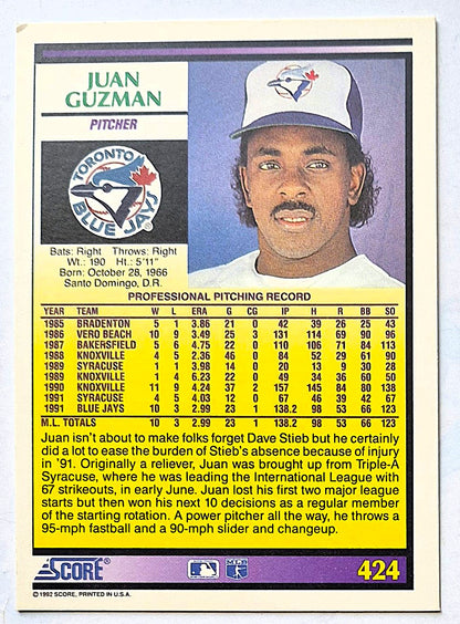 Guzman Juan Toronto Blue Jays Pitcher #424 Rookie Prospect Score '92 Baseball Card