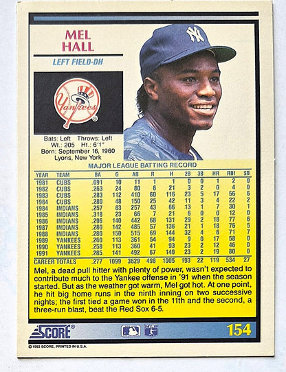 Hall Mel New York Yankees Left Field #154 Score '92 Baseball Card