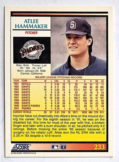 Hammaker Atlee San Diego Padres Pitcher #233 Score '92 Baseball Card
