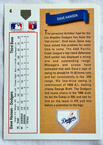 Hansen Dave Los Angeles Dodgers 3rd Base #4 Star Rookie Upper Deck 1991 Baseball Card