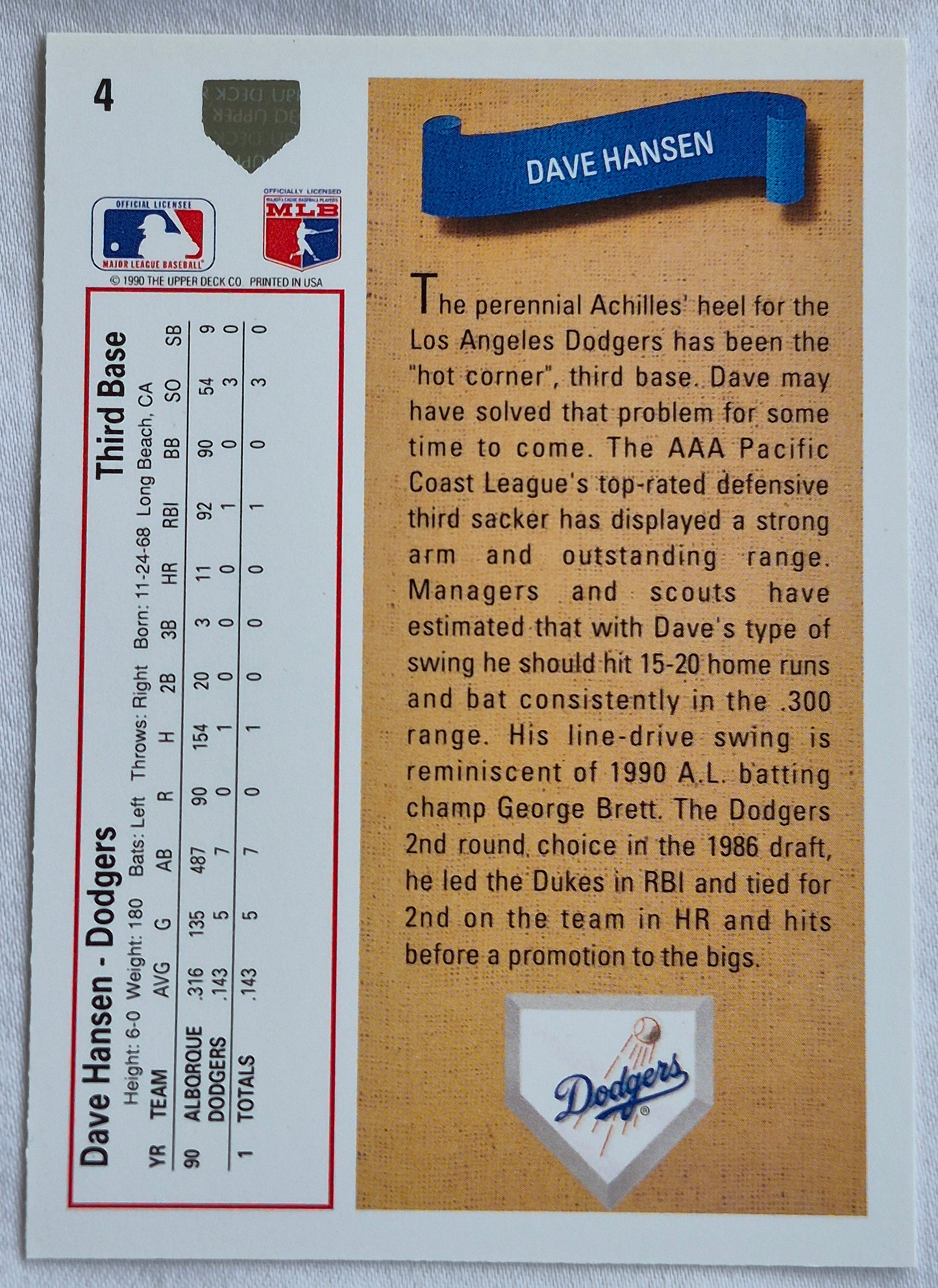 Hansen Dave Los Angeles Dodgers 3rd Base #4 Star Rookie Upper Deck 1991 Baseball Card