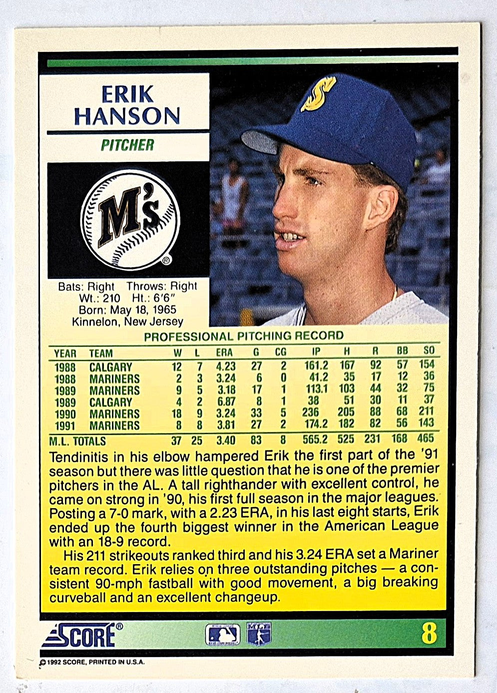 Hanson Erik Seattle Mariners Pitcher #8 Score 1992 Baseball Card