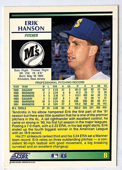 Hanson Erik Seattle Mariners Pitcher #8 Score 1992 Baseball Card