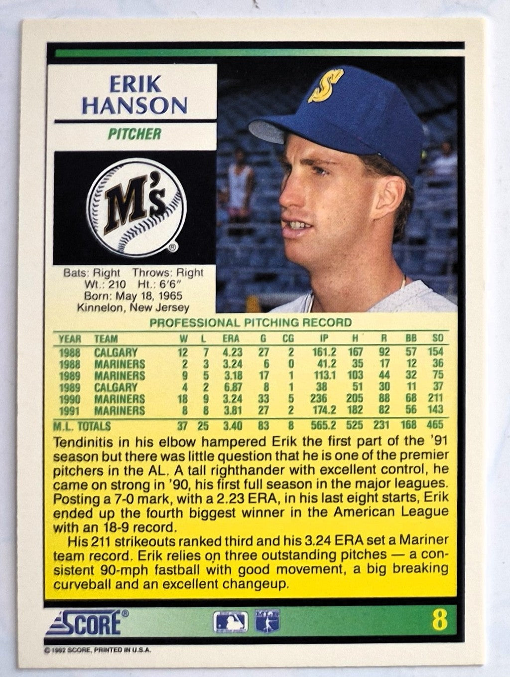 Hanson Erik Seattle Mariners Pitcher #8 Score 1992 Baseball Card