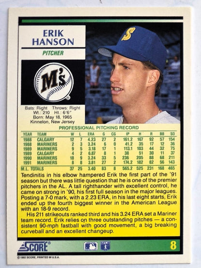 Hanson Erik Seattle Mariners Pitcher #8 Score 1992 Baseball Card