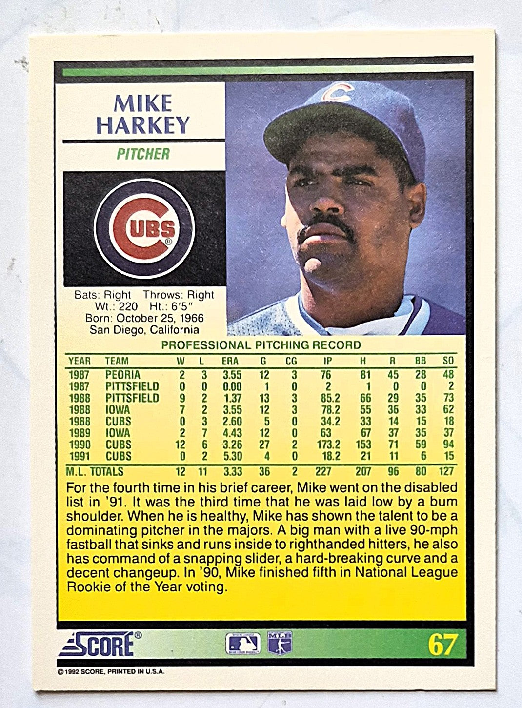 Harkey Mike Chicago Cubs Pitcher #67 Score '92 Baseball Card