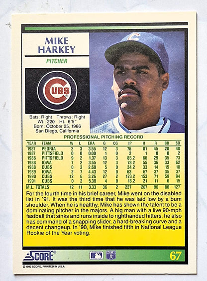 Harkey Mike Chicago Cubs Pitcher #67 Score '92 Baseball Card