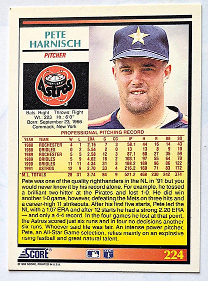 Harnisch Pete Houston Astros Pitcher #224 Score '92 Baseball Card