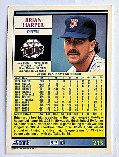 Harper Brian Minnesota Twins Catcher #215 Score '92 Baseball Card