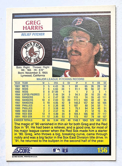 Harris Greg Boston Red Sox Relief Pitcher #156 Score 1992 Baseball Card