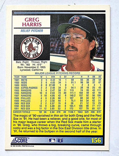 Harris Greg Boston Red Sox Relief Pitcher #156 Score 1992 Baseball Card