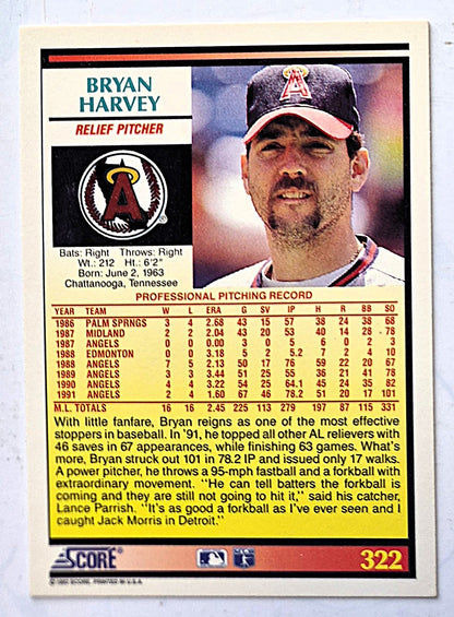 Harvey Bryan California Angels Relief Pitcher #322 Score 1992 Baseball Card