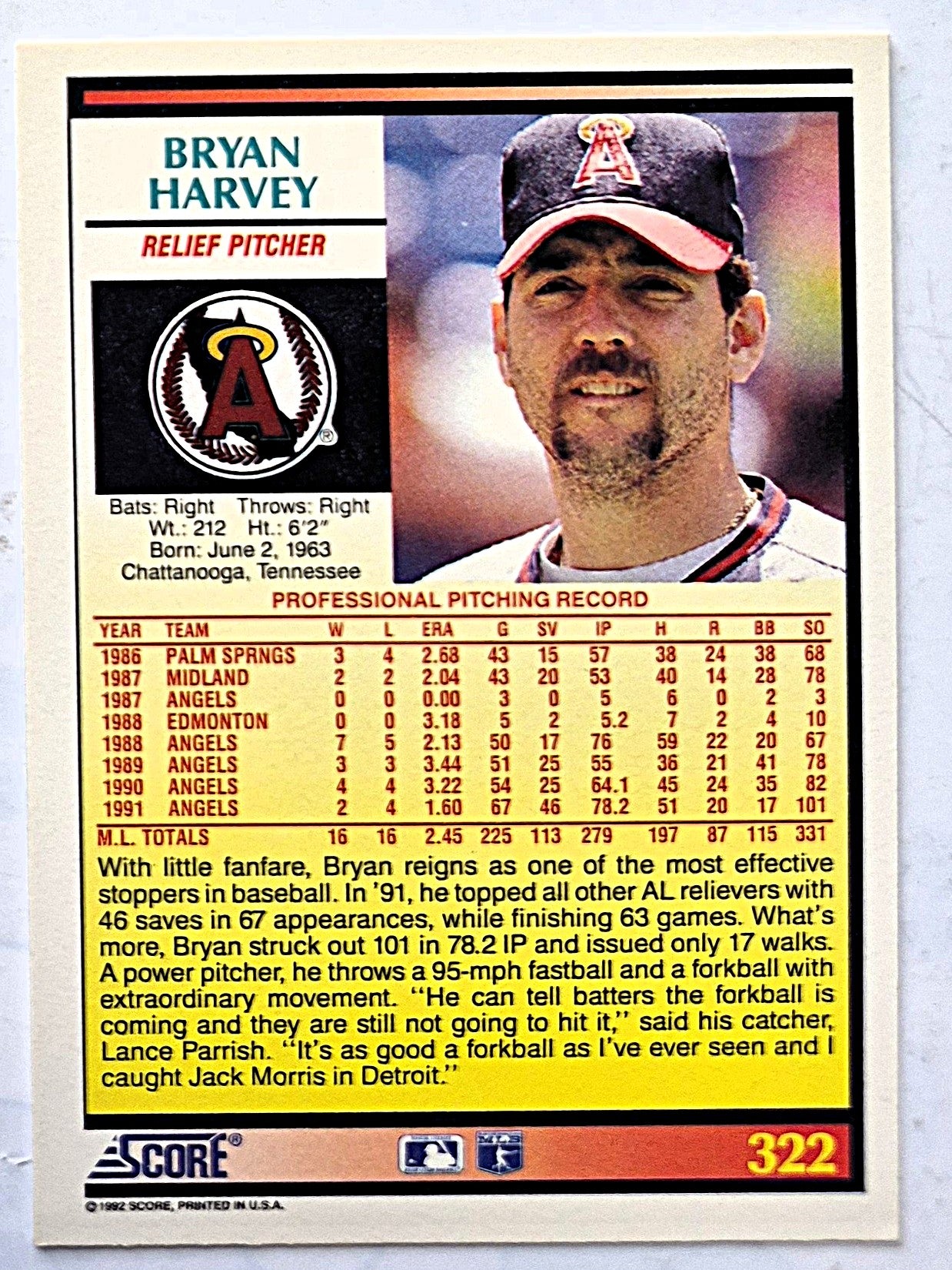 Harvey Bryan California Angels Relief Pitcher #322 Score 1992 Baseball Card