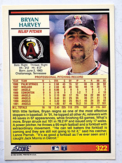 Harvey Bryan California Angels Relief Pitcher #322 Score 1992 Baseball Card