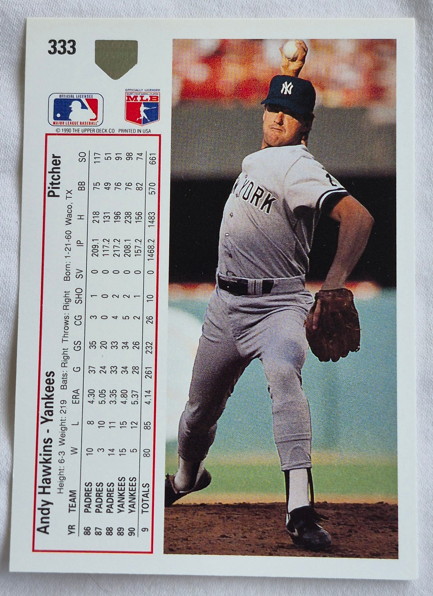 Hawkins Andy New York Yankees Pitcher #333 Upper Deck 1991 Baseball Card