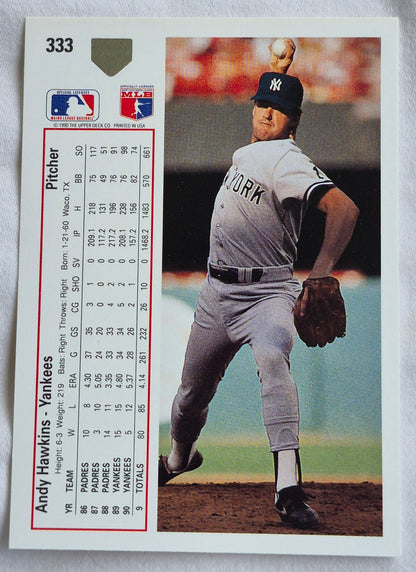 Hawkins Andy New York Yankees Pitcher #333 Upper Deck 1991 Baseball Card