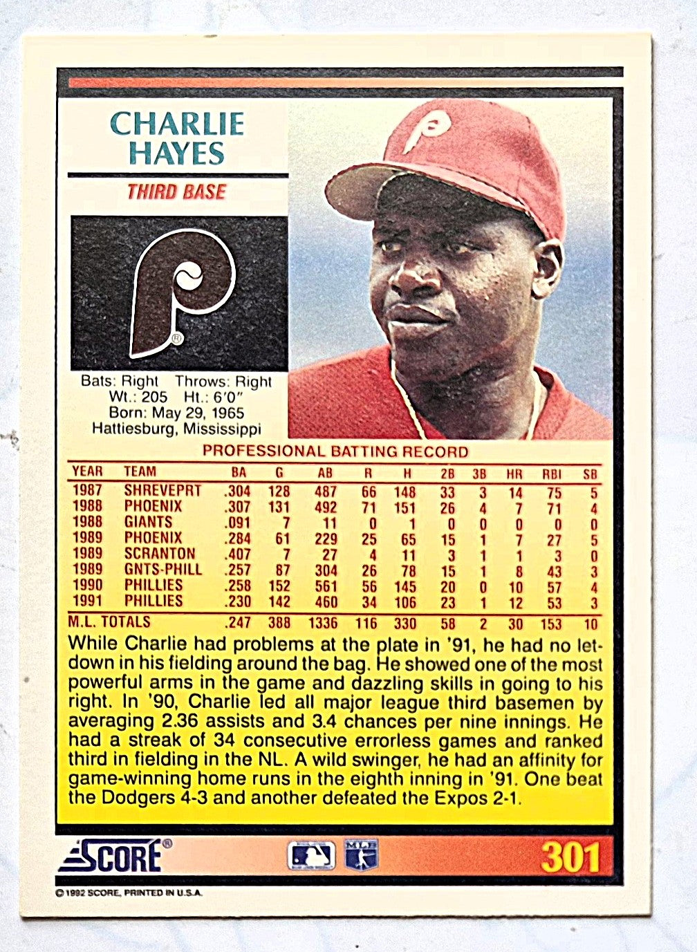 Hayes Charlie Philadelphia Phillies Third Base #301 Score '92 Baseball Card