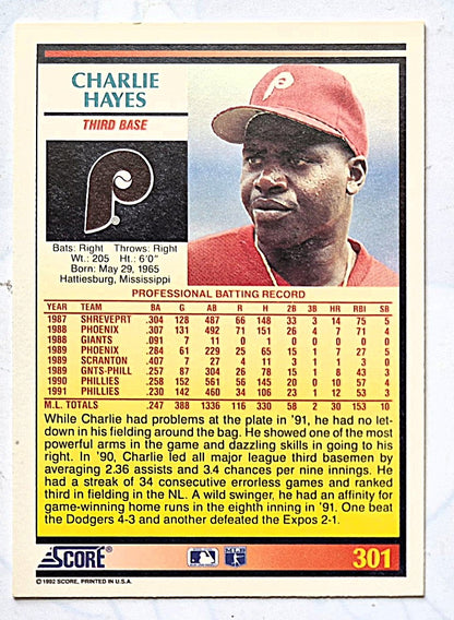 Hayes Charlie Philadelphia Phillies Third Base #301 Score '92 Baseball Card