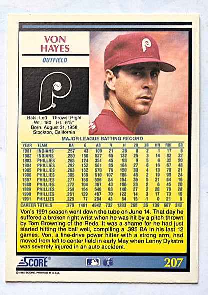 Hayes Von Philadelphia Phillies Outfield #207 Score '92 Baseball Card