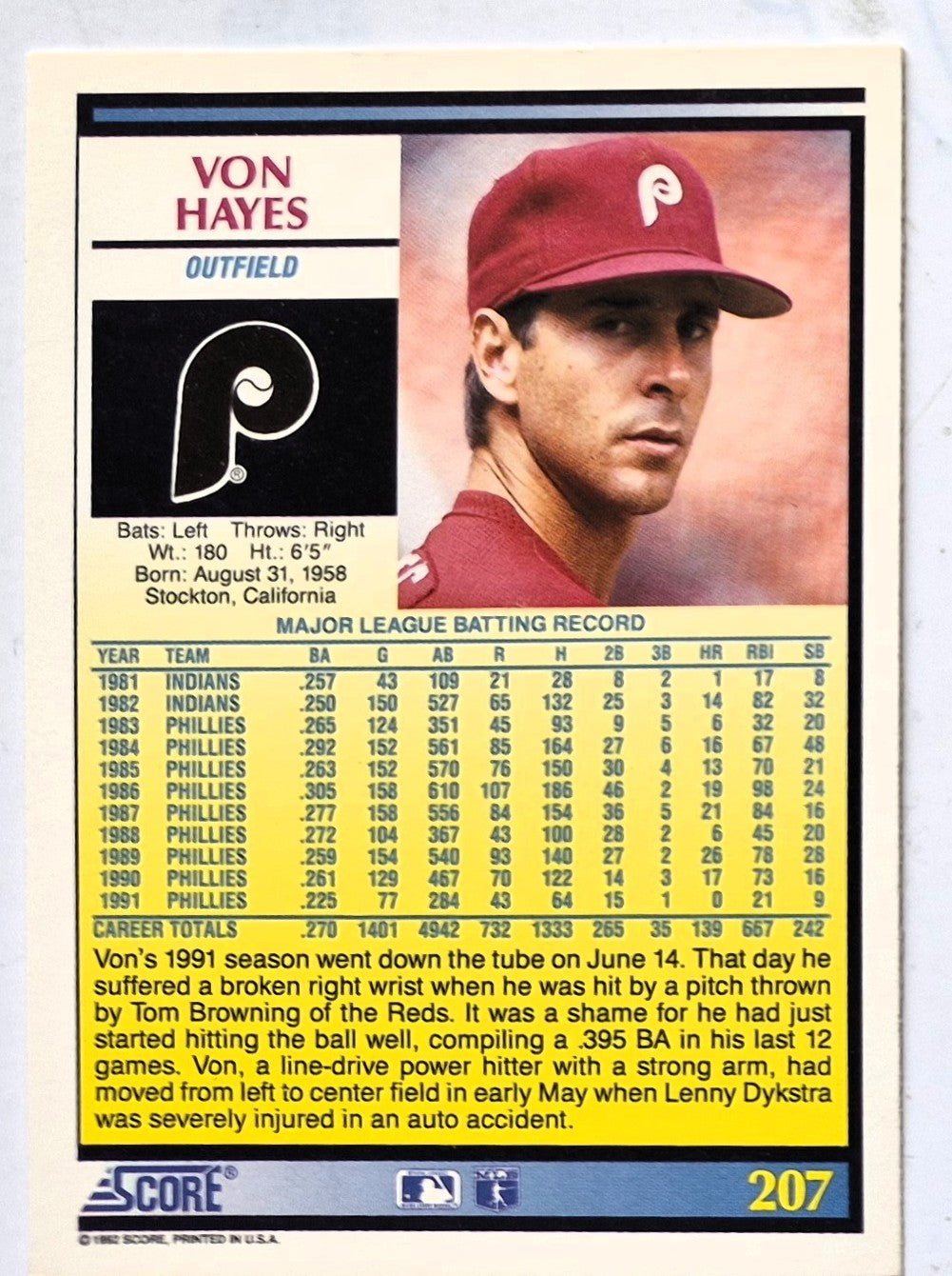 Hayes Von Philadelphia Phillies Outfield #207 Score '92 Baseball Card