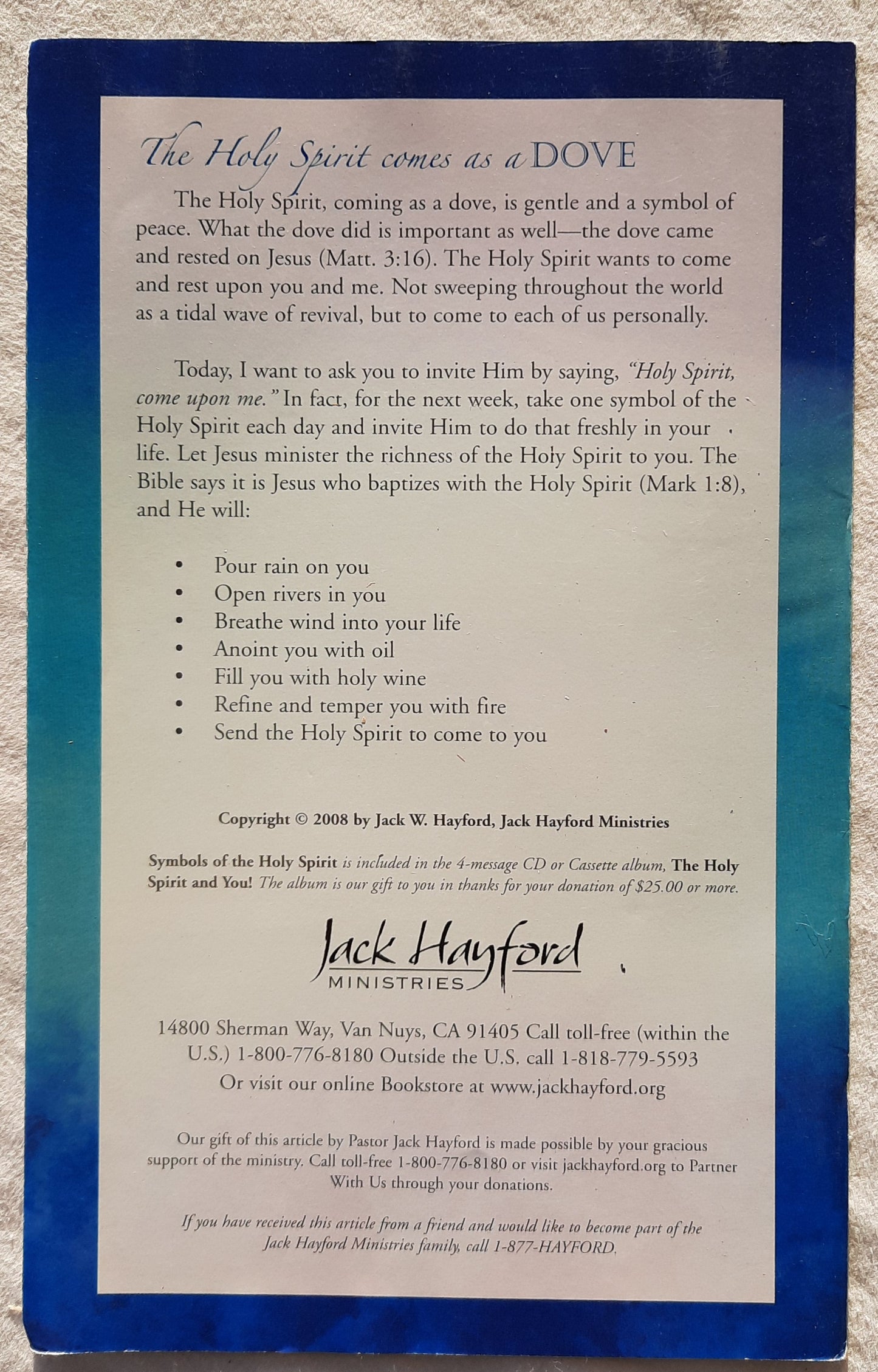 Symbols of the Holy Spirit Pamphlet by Jack Hayford (Very good, 2008, Paper, Jack Hayford Ministries)