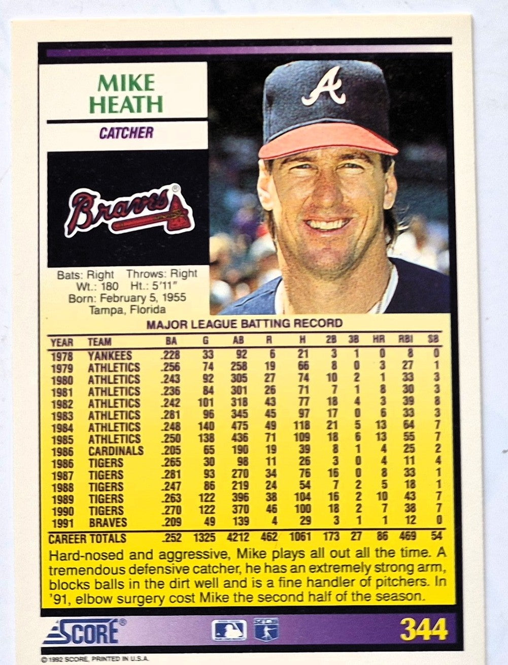 Heath Mike Atlanta Braves Catcher #344 Score '92 Baseball Card